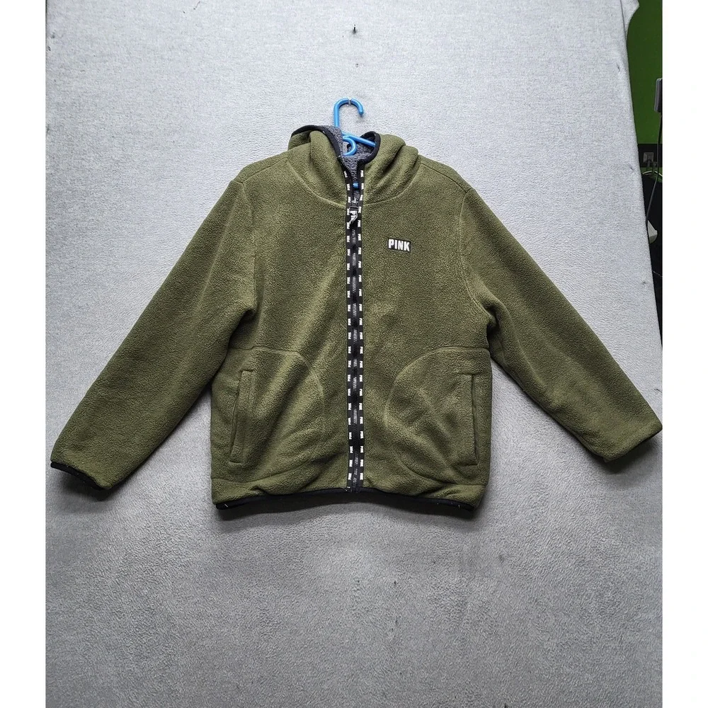 PINK Victoria's Secret‎ Women Jacket L Olive Green Fleece Reversible